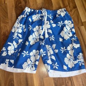 low Apparel Men Blue White Floral Swim Trunks Drawstring Swimming Suit Men's L